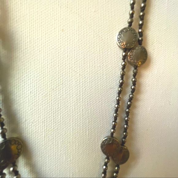 Silver bead layering necklace with leather knots 30 inches single or double wrap - Picture 9 of 9